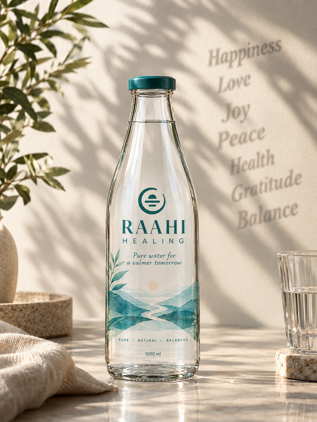 A glass bottle of Raahi Healing Water with a teal cap, the Raahi logo and a watercolour river on the label