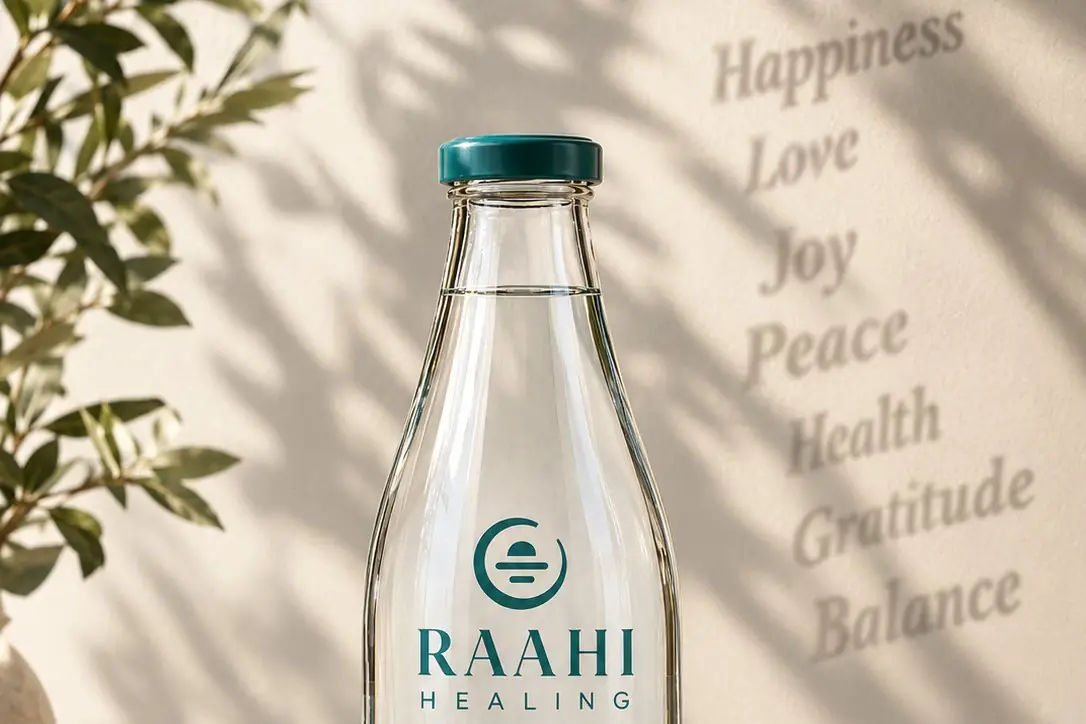 A glass bottle of Raahi Healing Water in morning light, with gentle words on the wall behind it